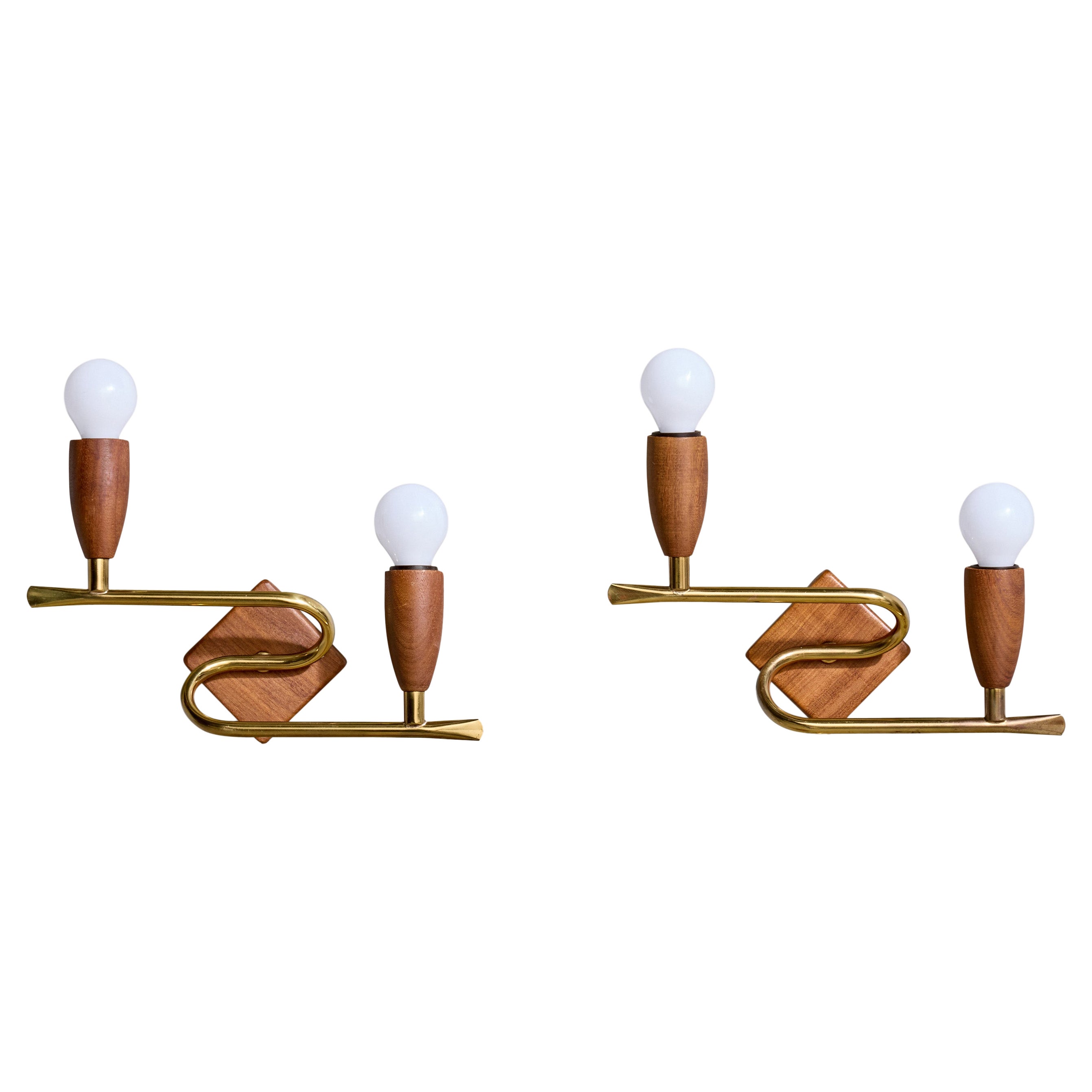 Swedish Designer, Wall Lights, Brass, Teak, Sweden, 1950s