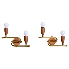 Swedish Designer, Wall Lights, Brass, Teak, Sweden, 1950s