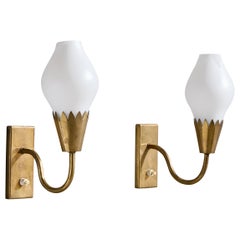 Danish Designer, Wall Lights, Brass, Glass, Denmark, 1950s