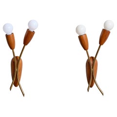 Swedish Designer, Wall Lights, Teak, Brass, Sweden, 1950s