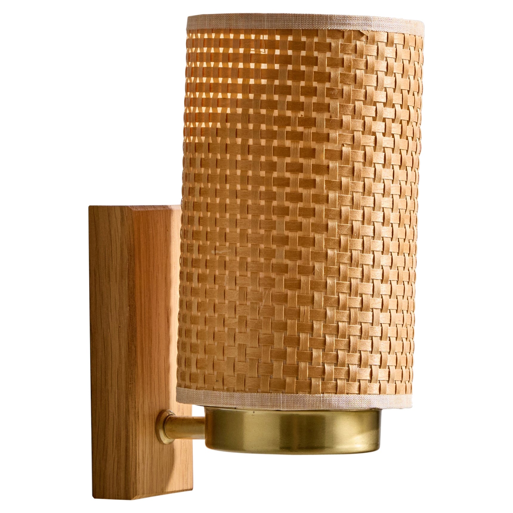 Hans Bergström Attribution, Wall Light, Oak, Brass, Rattan, Sweden, 1950s