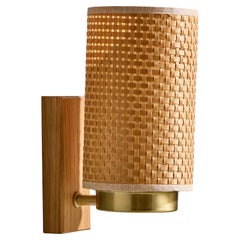Hans Bergström Attribution, Wall Light, Oak, Brass, Rattan, Sweden, 1950s