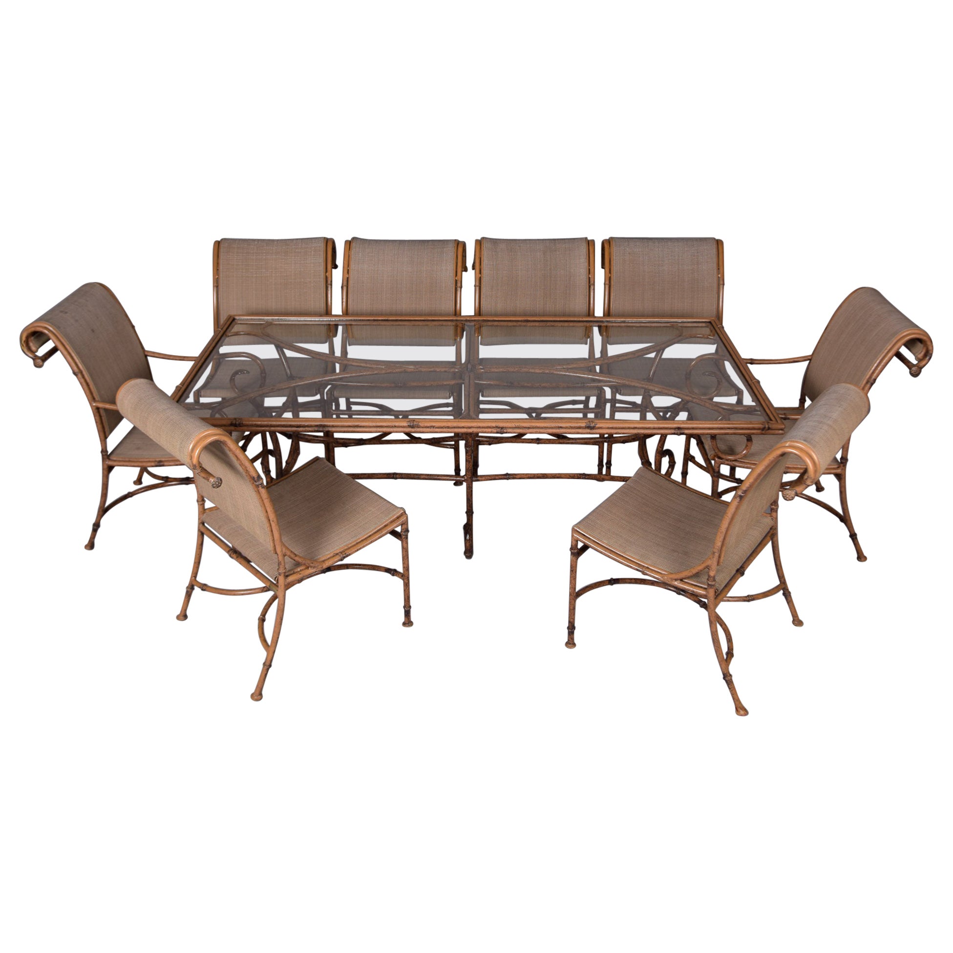 Mid Century Faux Bamboo Metal and Glass Table With Eight Chairs