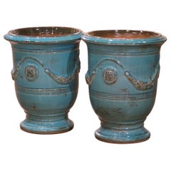 Used Pair of French Turquoise Glazed Terracotta Planters by La Madeleine in Anduze
