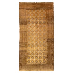 9 x 17 Antique Turkmen Handmade Tan Persian Wool Rug with Gul Motif