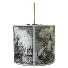Naval Battle Printed Cylindrical Glass Ceiling Lamp by Limburg, 1970s, Germany