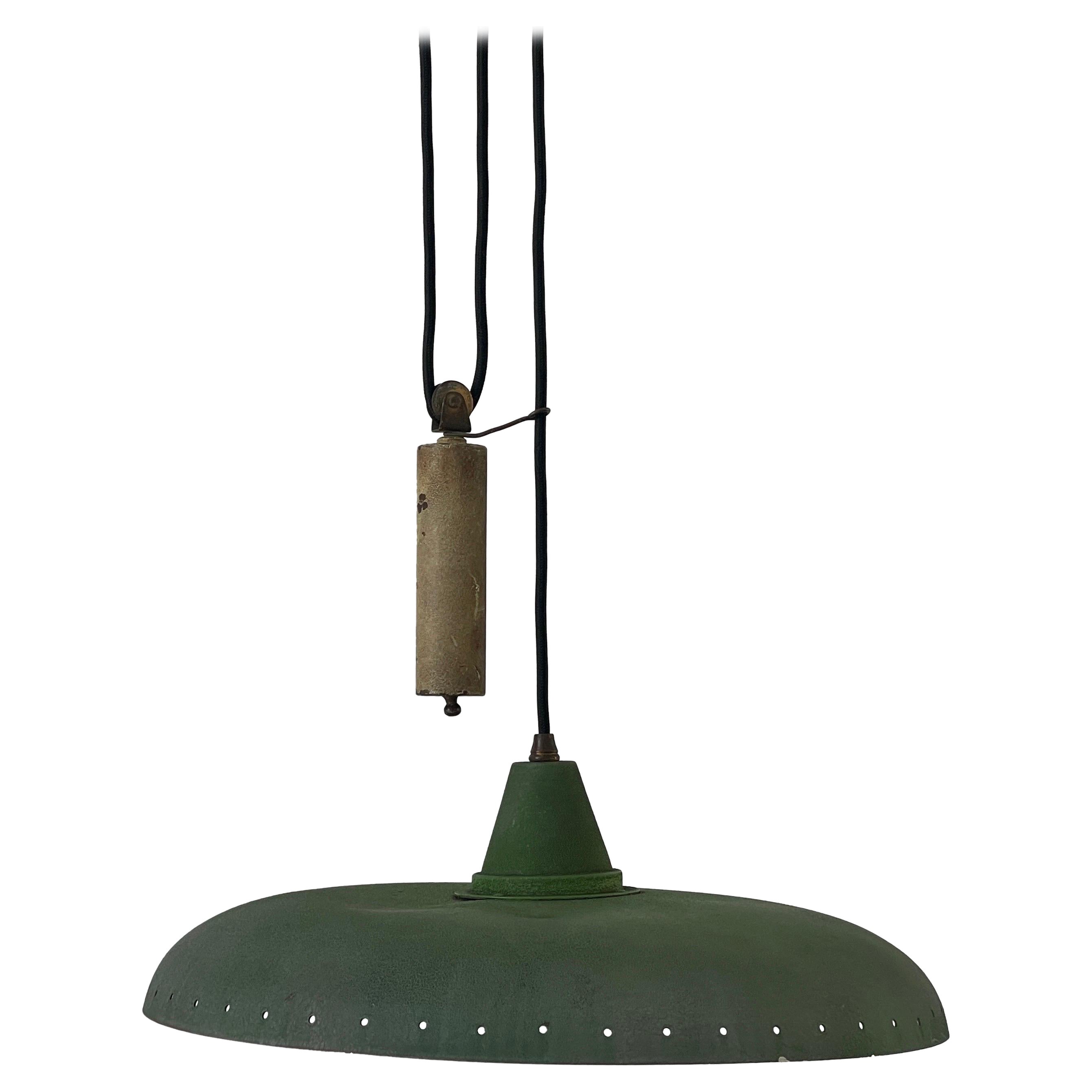 Mid-century Italian Modern Green Shade Counterweight Pendant Lamp, 1950s, Italy