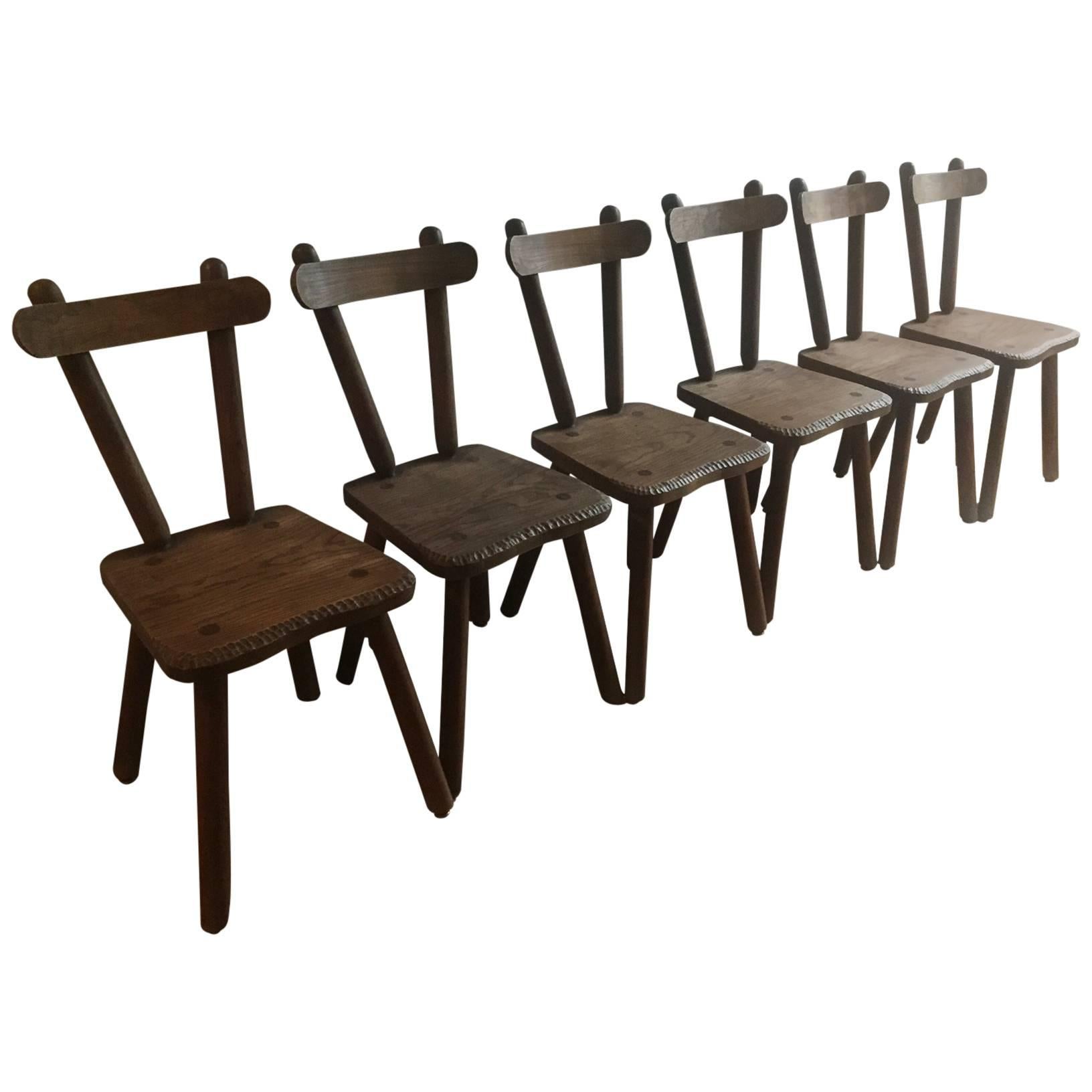 Set of Six Stained Oak Chairs, France, 1950s For Sale