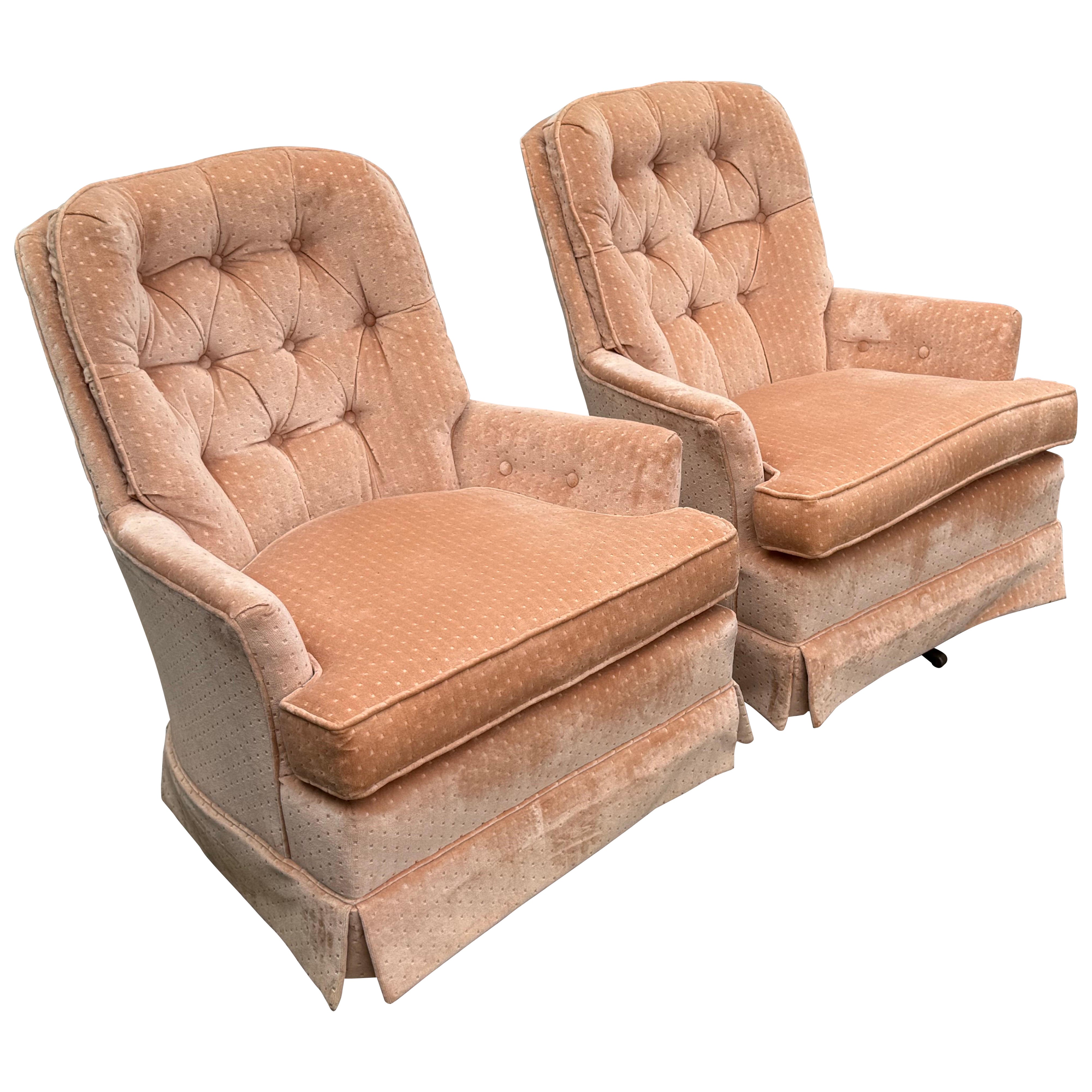 Pair of Mid-Century Modern Regency Velvet Tufted Back Swivel Club Chairs
