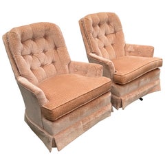 Pair of Mid-Century Modern Regency Velvet Tufted Back Swivel Club Chairs