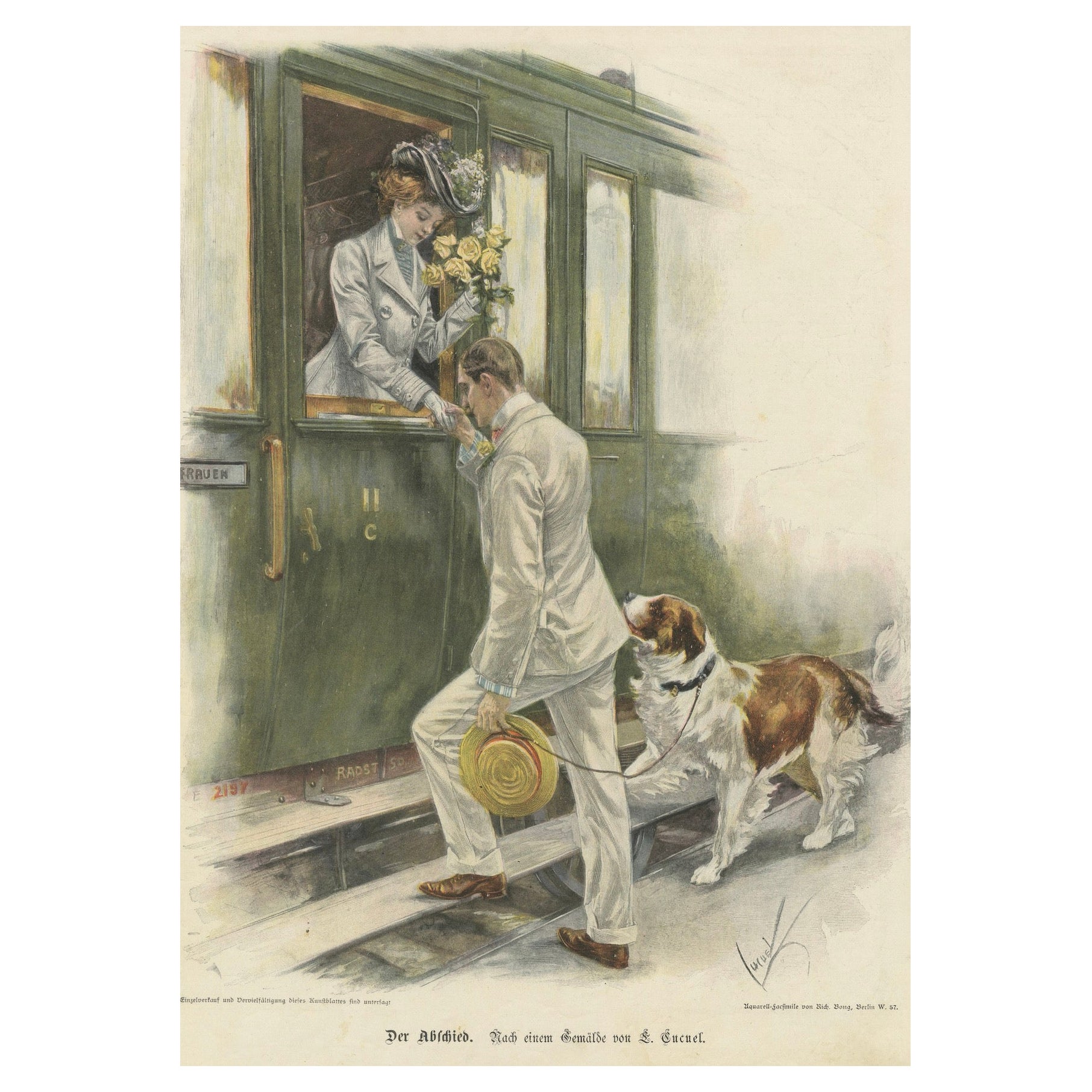 Despedida - Escena romántica de salida de un tren por S. Güntzel, c. 1890
