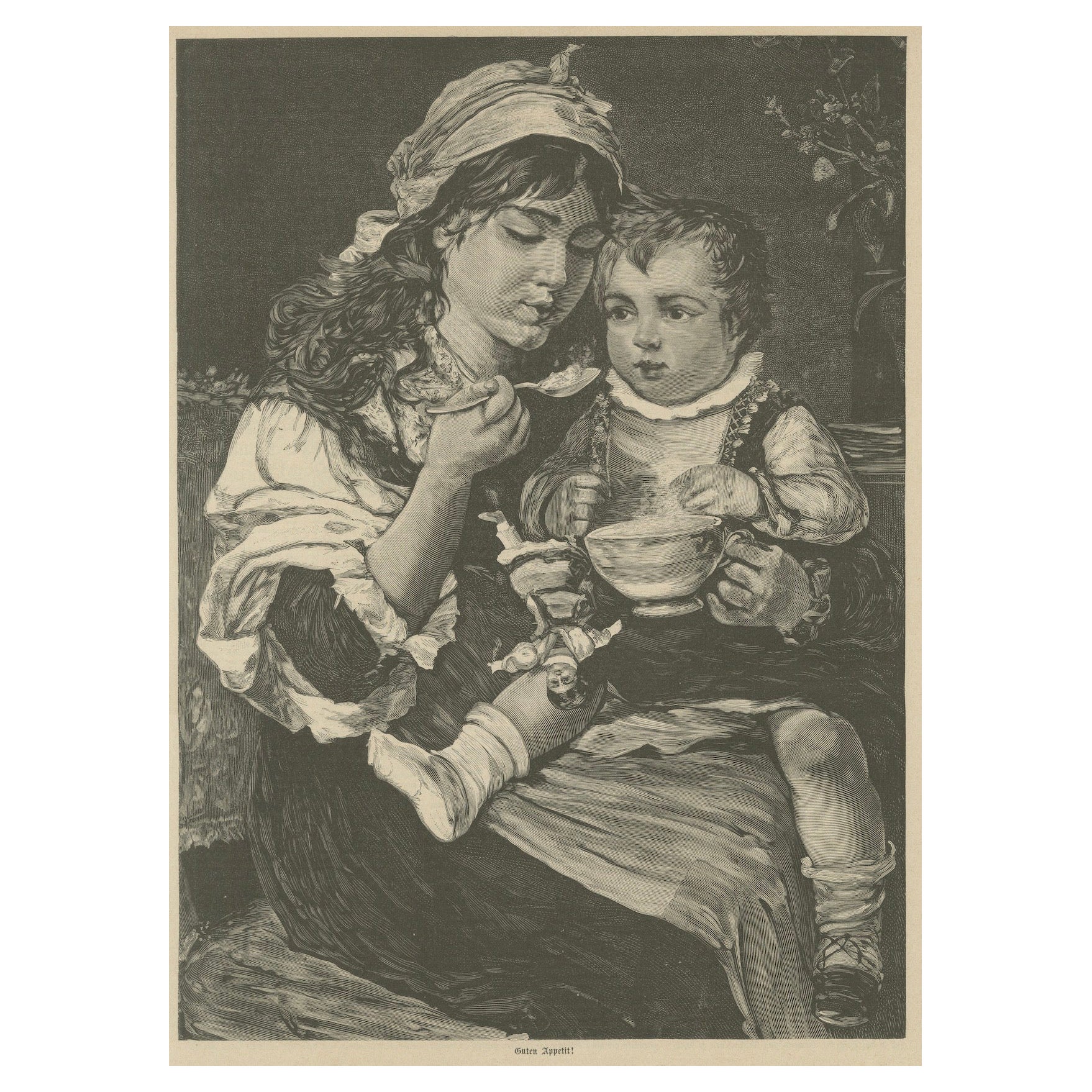 Mother and Child at Mealtime – Antique Engraving “Guten Appetit!”, c. 1890 en venta