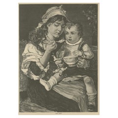 Mother and Child at Mealtime – Antique Engraving “Guten Appetit!”, c. 1890