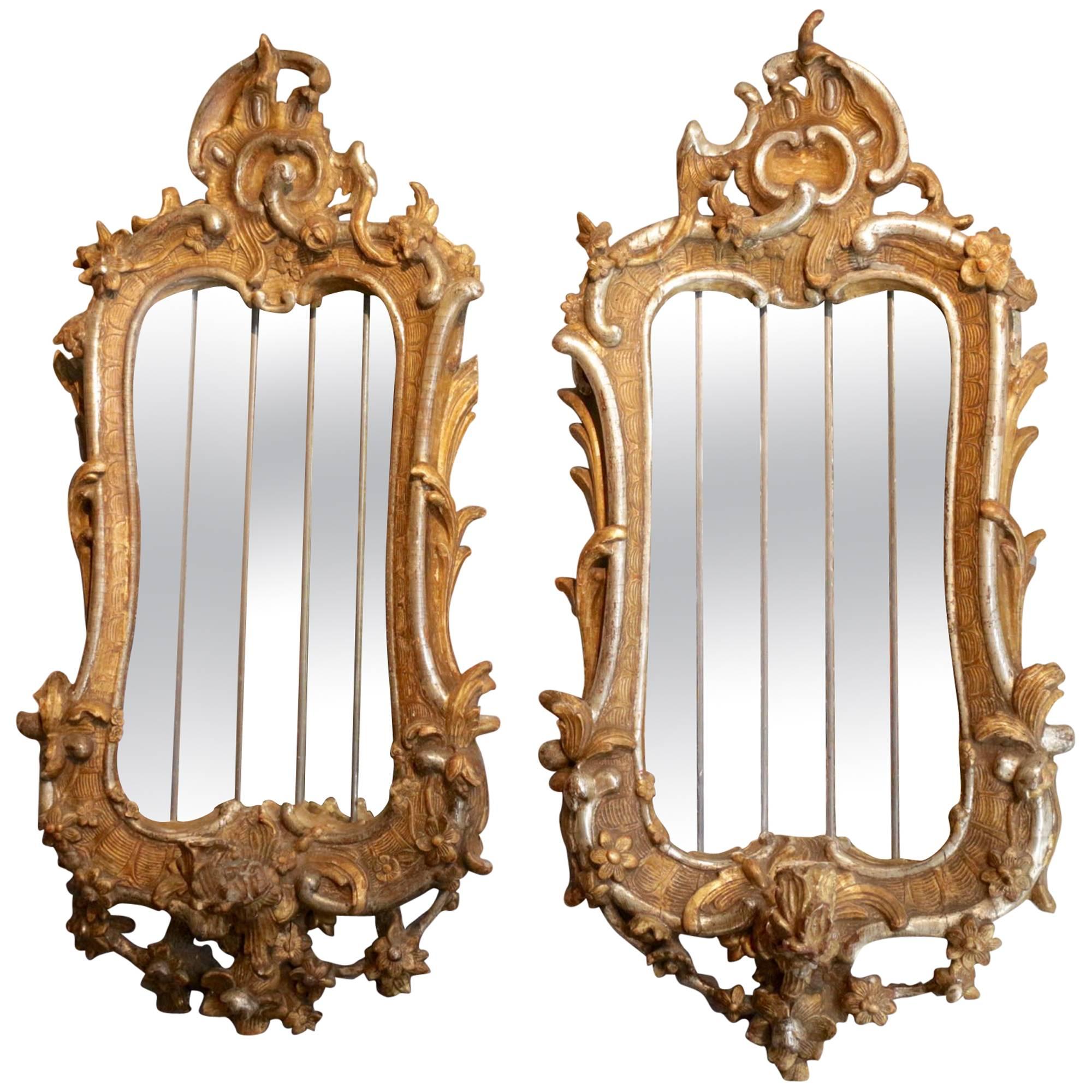 Fantastic Pair of Italian Mirrors, Giltwood and Silvered Wood, 18th Century