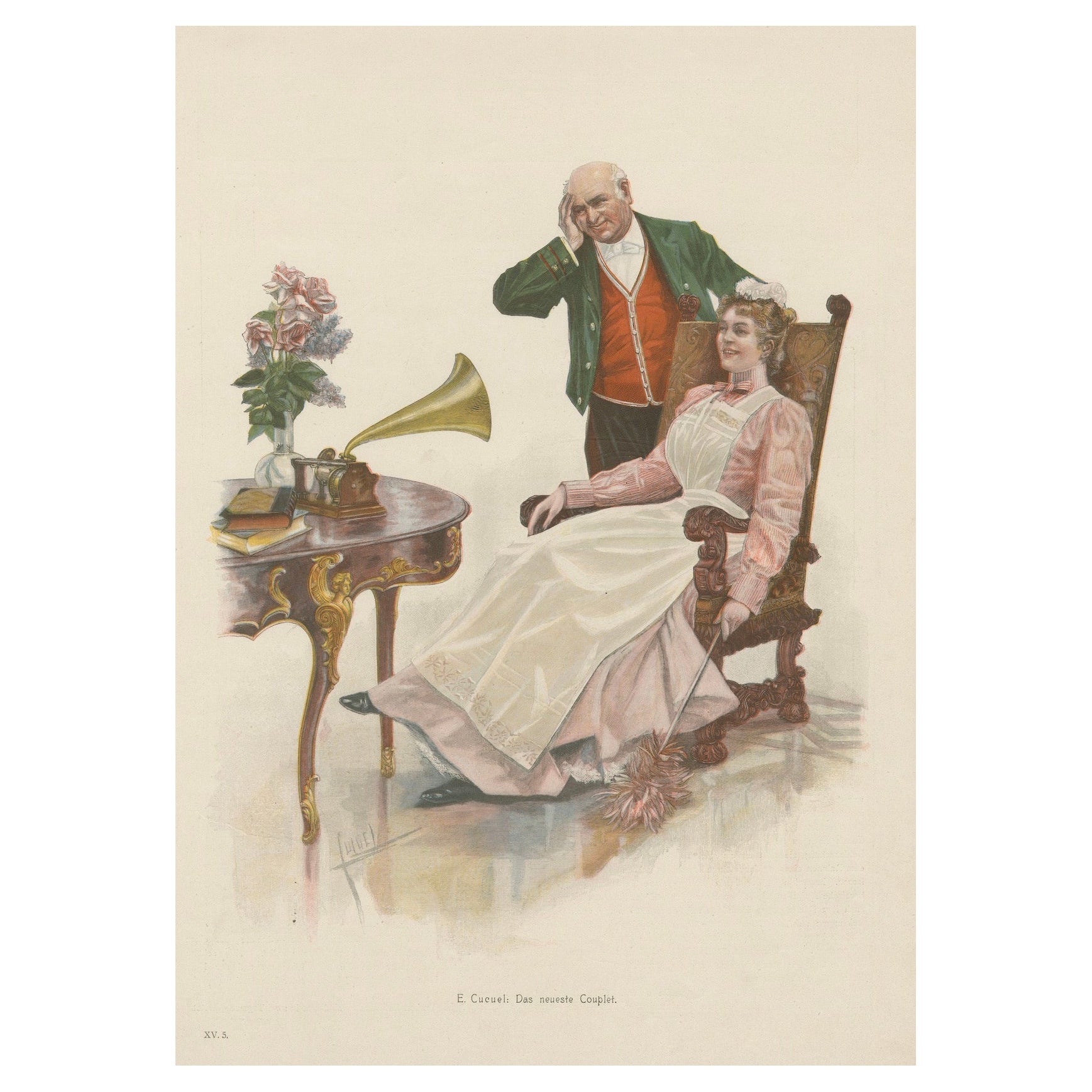 Vintage Grammophon und Hörer - "Das Neueste Couplet" von E. Cucuel, um 1900 im Angebot