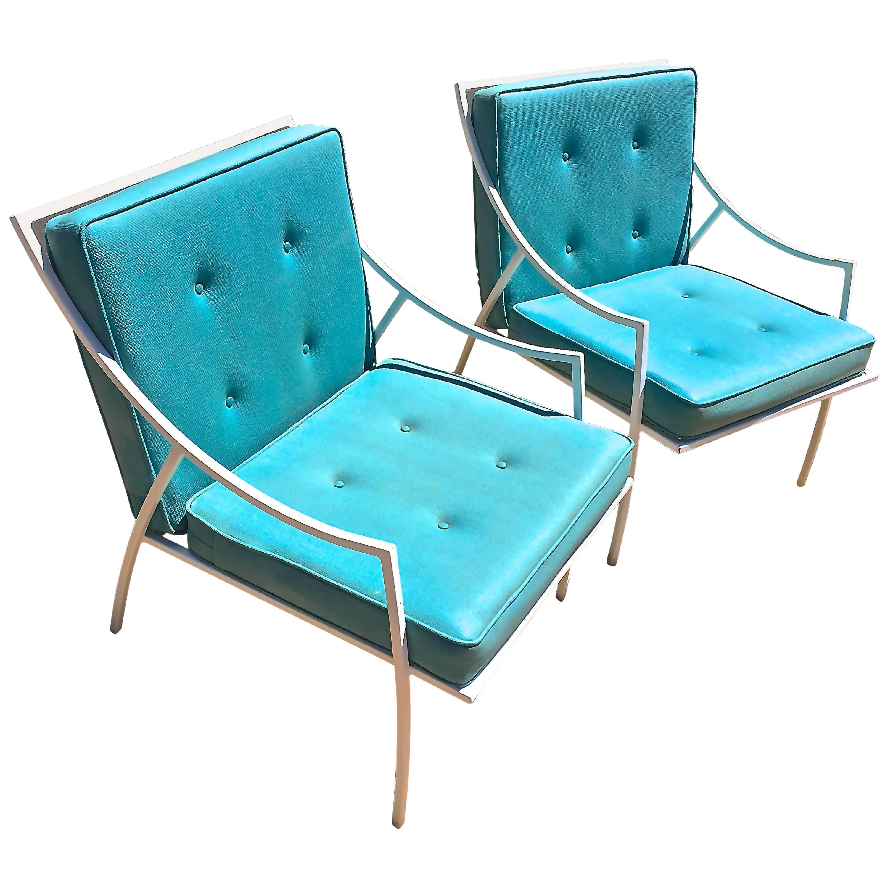 Hollywood Regency Patio Armchairs w/Original Tufted Aqua Leatherette Cushions For Sale