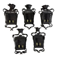 Set of Five Hand-Forged Spanish Wrought Iron Wall Lanterns