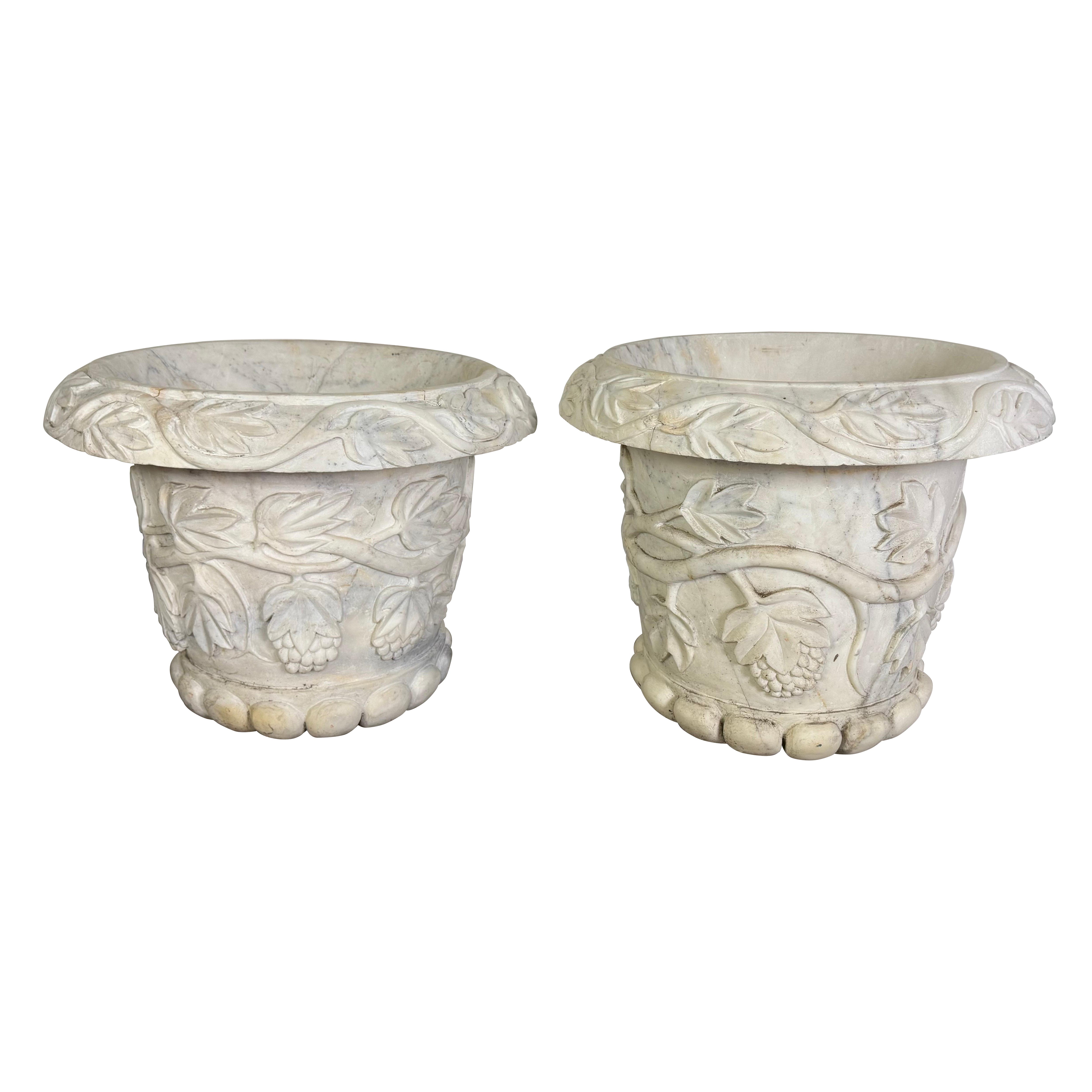 Pair of 19th Century Hand-Carved Carrara Marble Planters