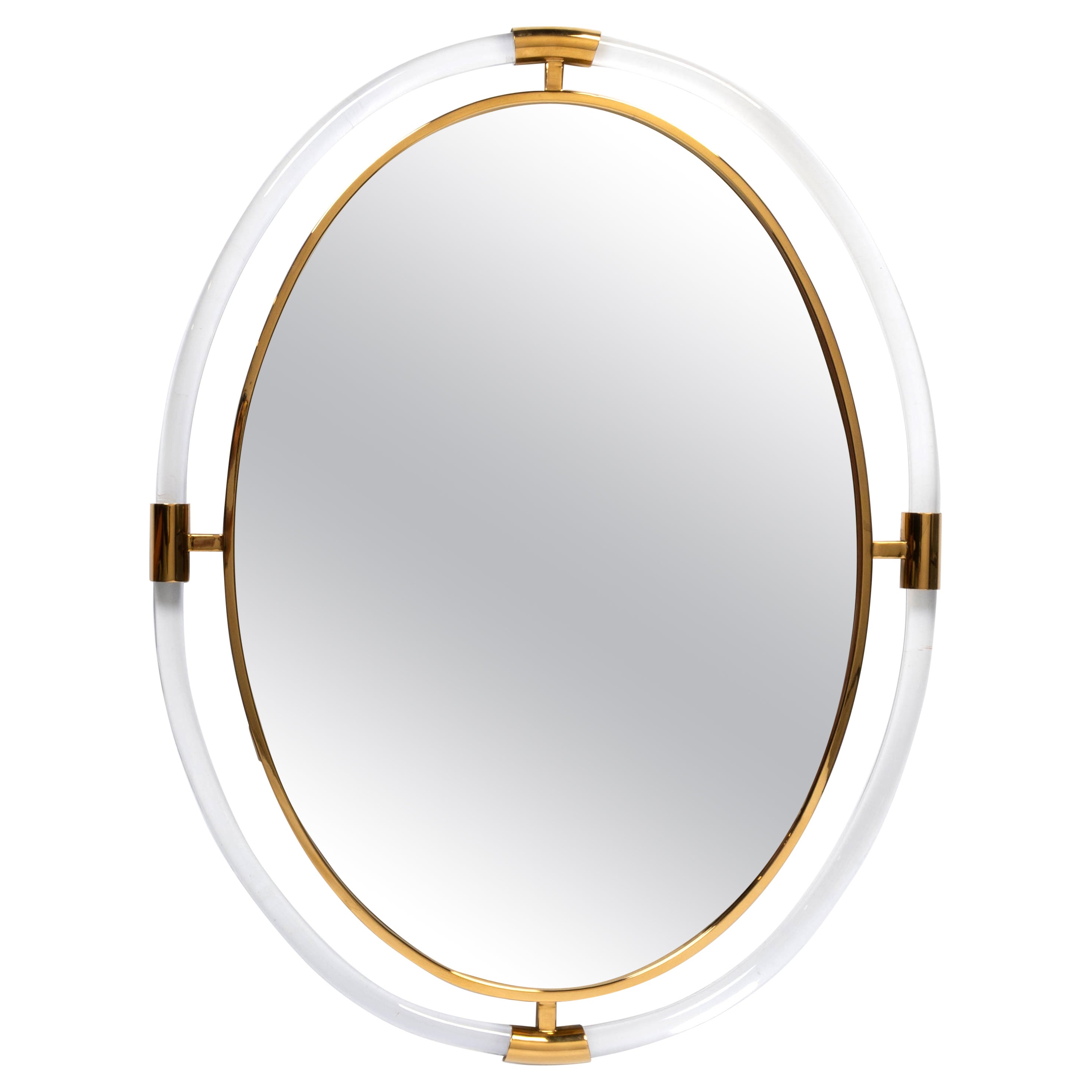 Large Mid Century Oval Lucite And Brass Mirror For Sale
