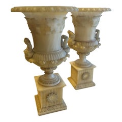 19th Century Pair French Carved Alabaster Lighted Urn Torchieres