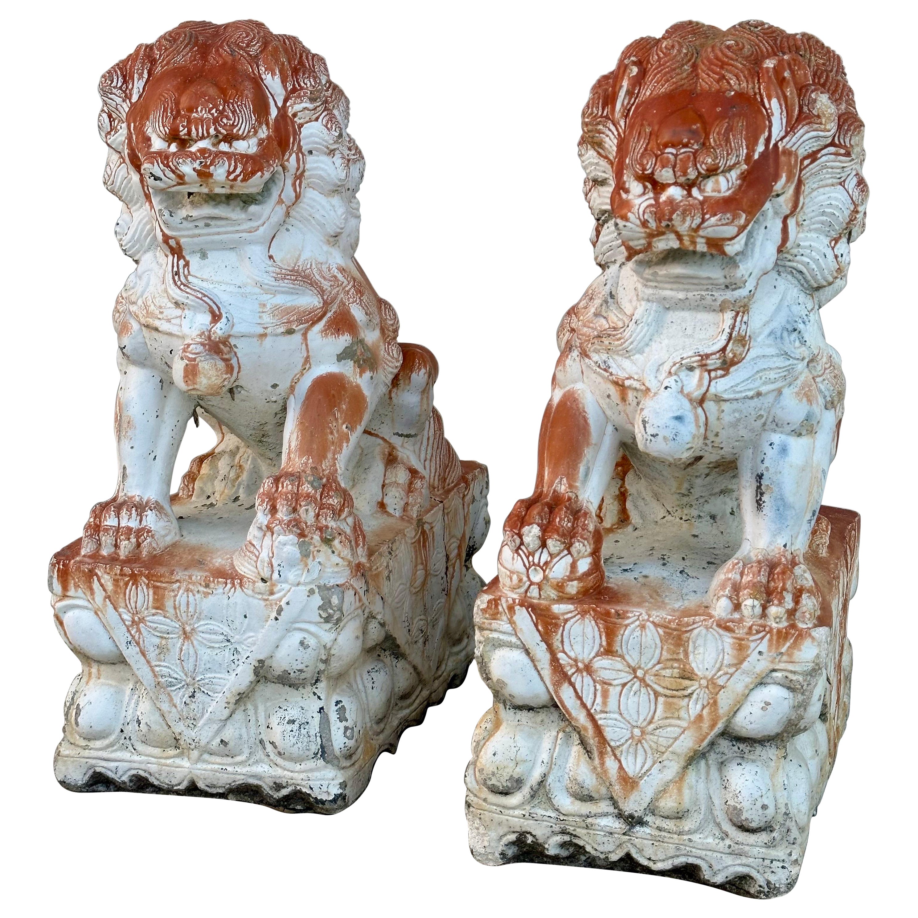 Pair of Monumental Early 20th Century Concrete Foo Dog Guardian Lions