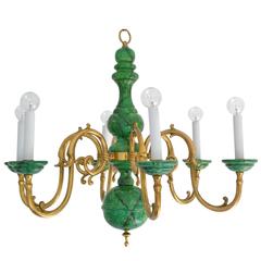 Hollywood Regency Turned Wood and Brass Six-Arm Chandelier