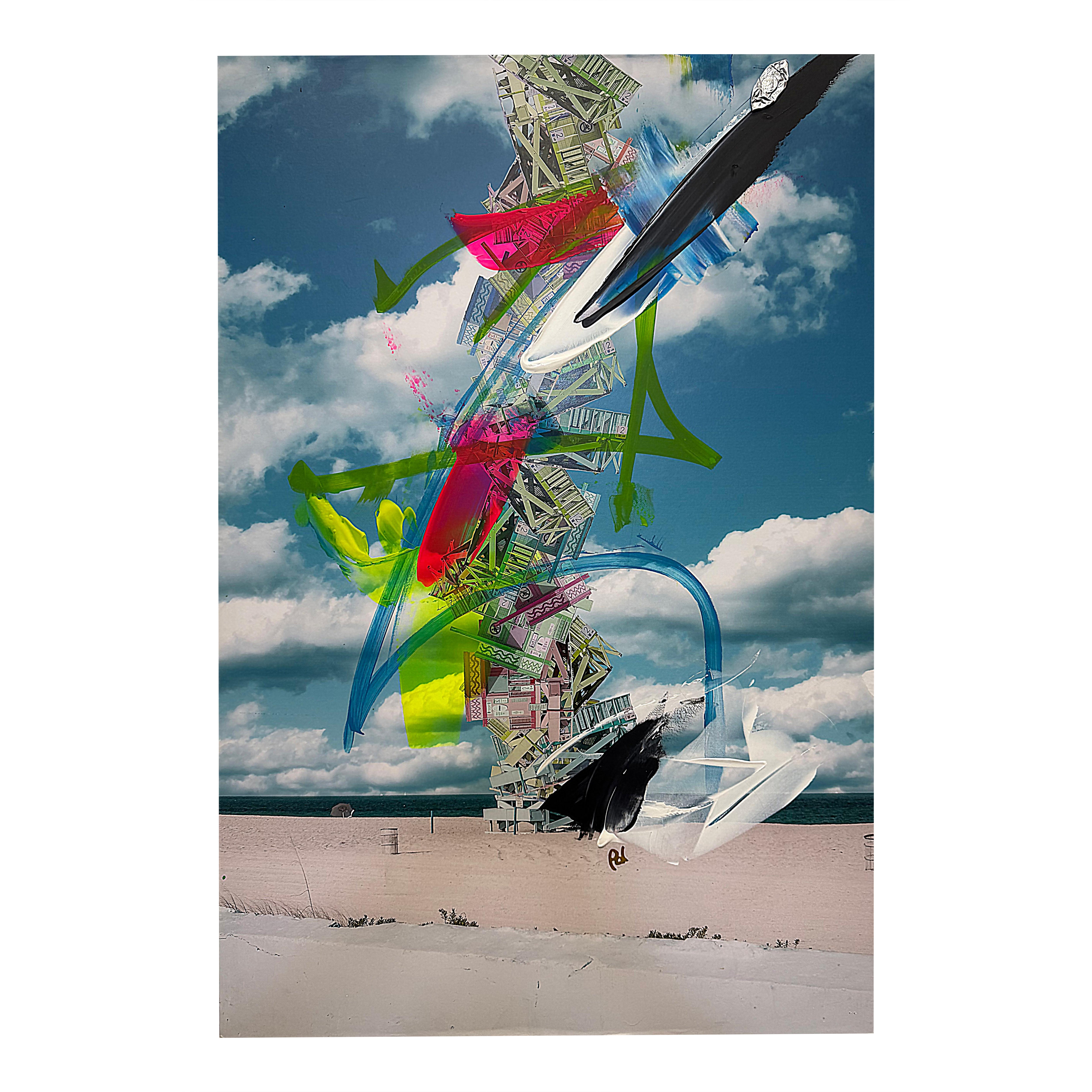 Paul-André Larocque Peinture abstraite en techniques mixtes d'un bateau sur la plage