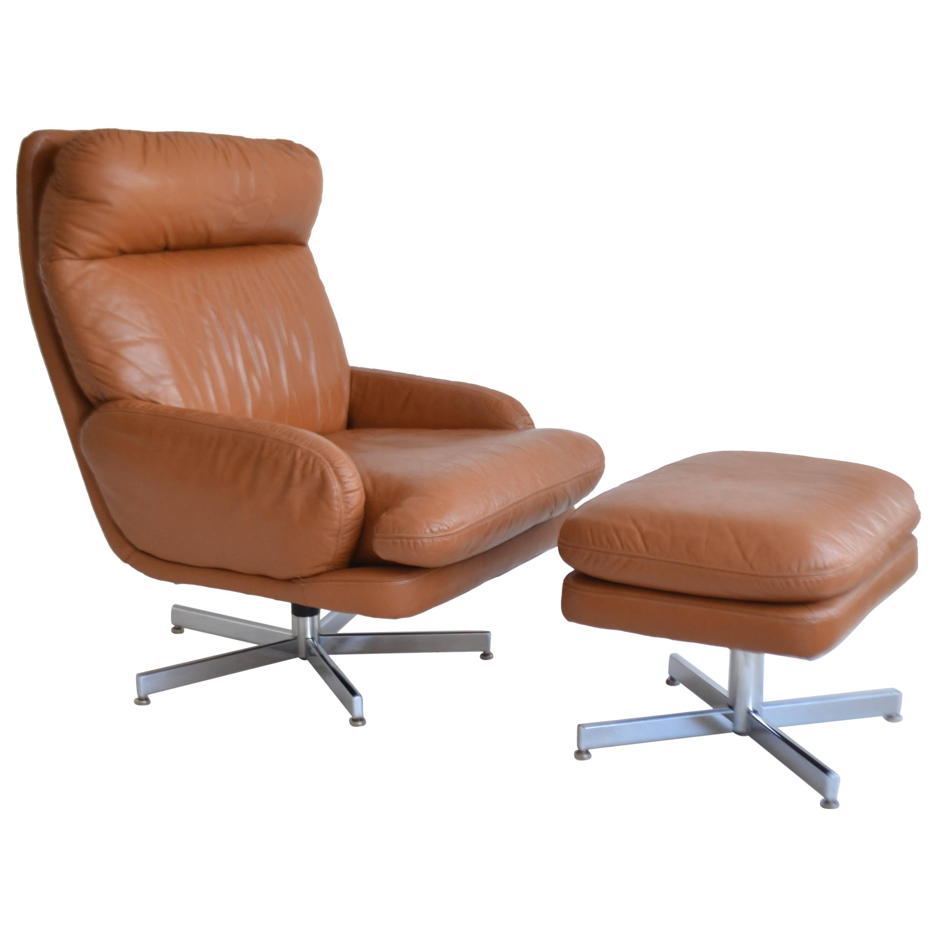 Midcentury Leather Lounge Chair and Ottoman For Sale