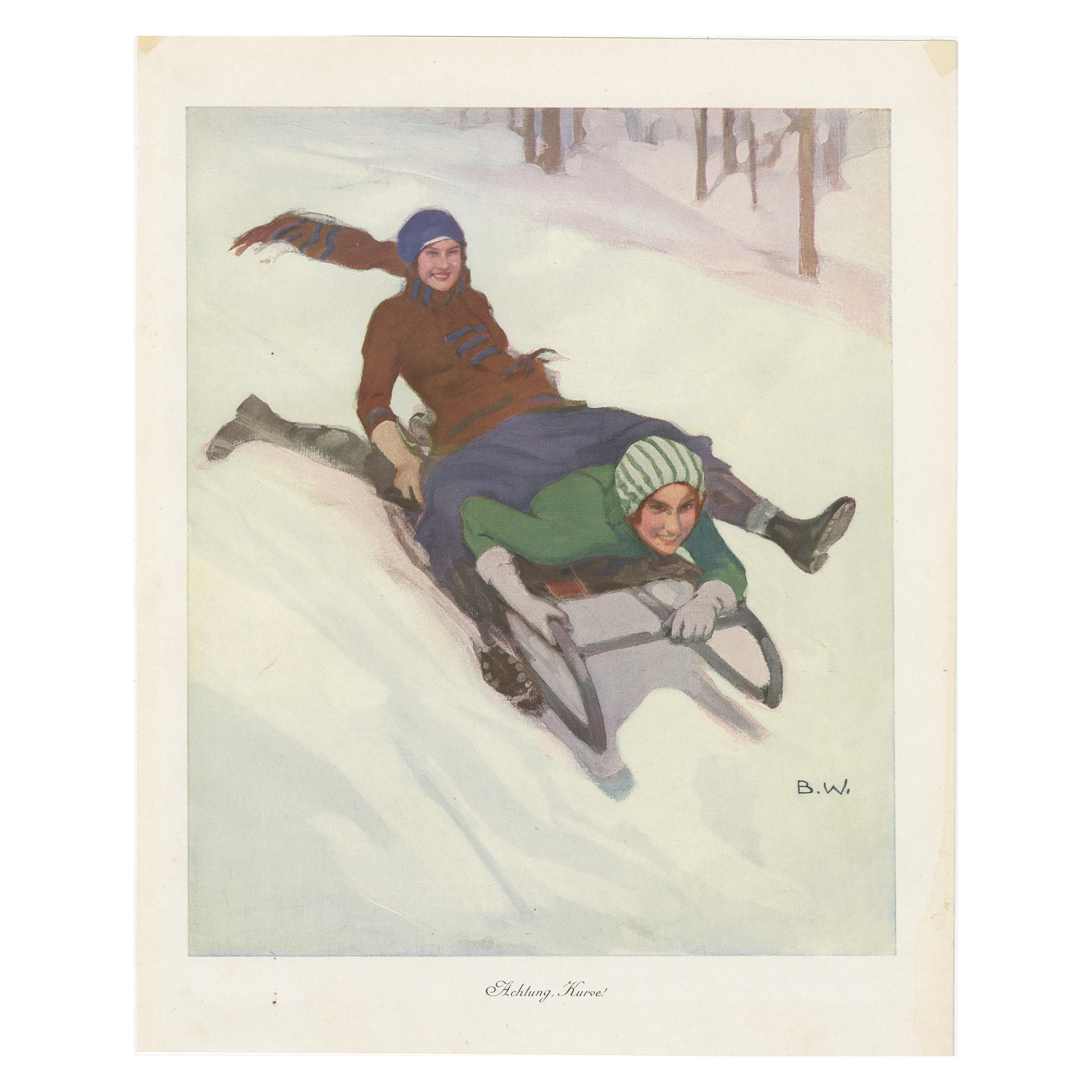 Winter Sports Print – "Achtung, Kurve!" – Sledding in the Snow, c. 1920