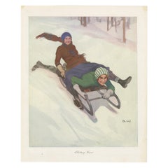 Winter Sports Print – "Achtung, Kurve!" – Sledding in the Snow, c. 1920