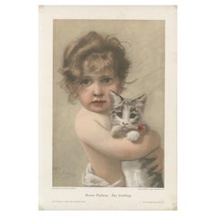 Charming Vintage Print of a Child and Kitten – "The Darling", circa 1890