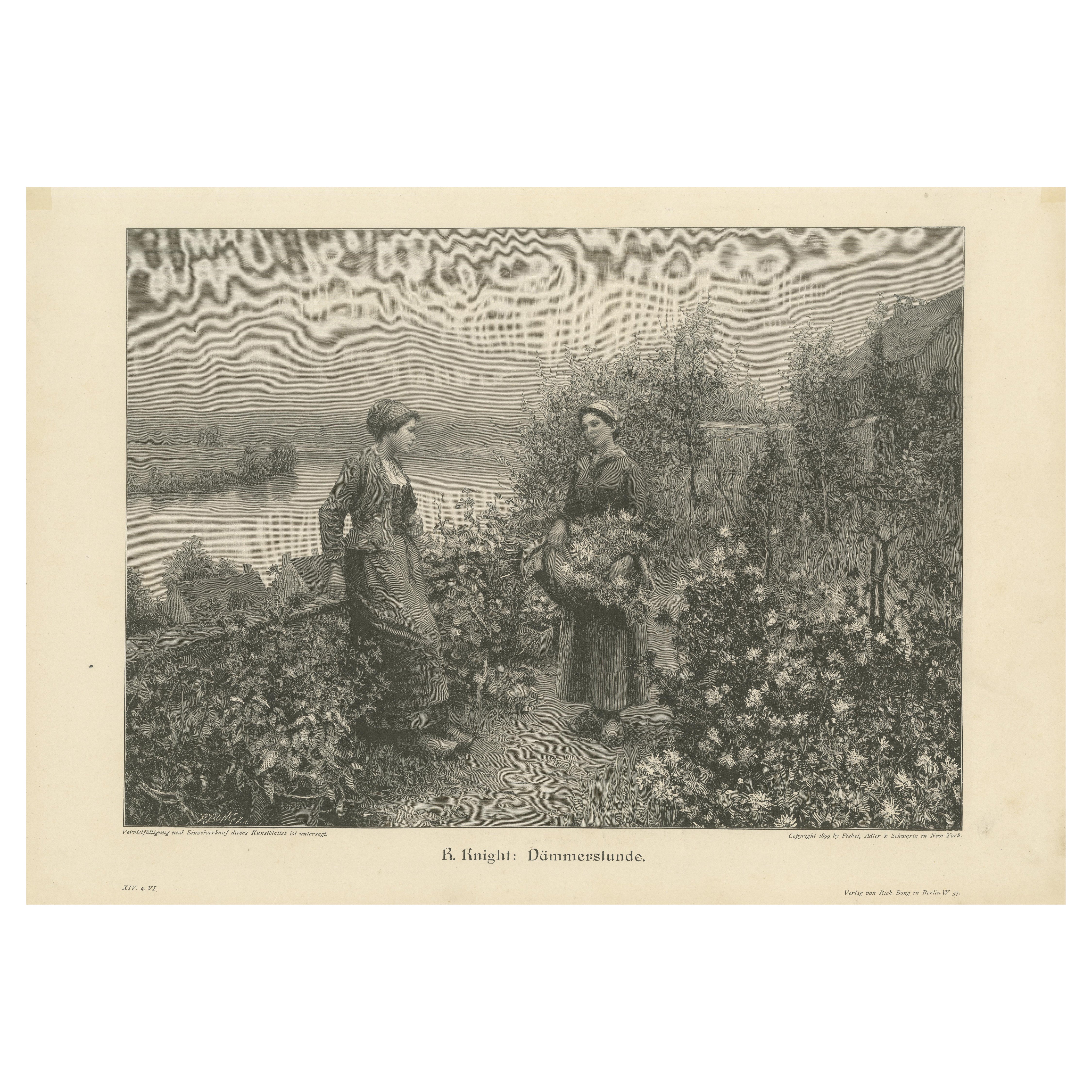 Antique Print Twilight Hour by R. Knight, Rural German Scene , ca.1900