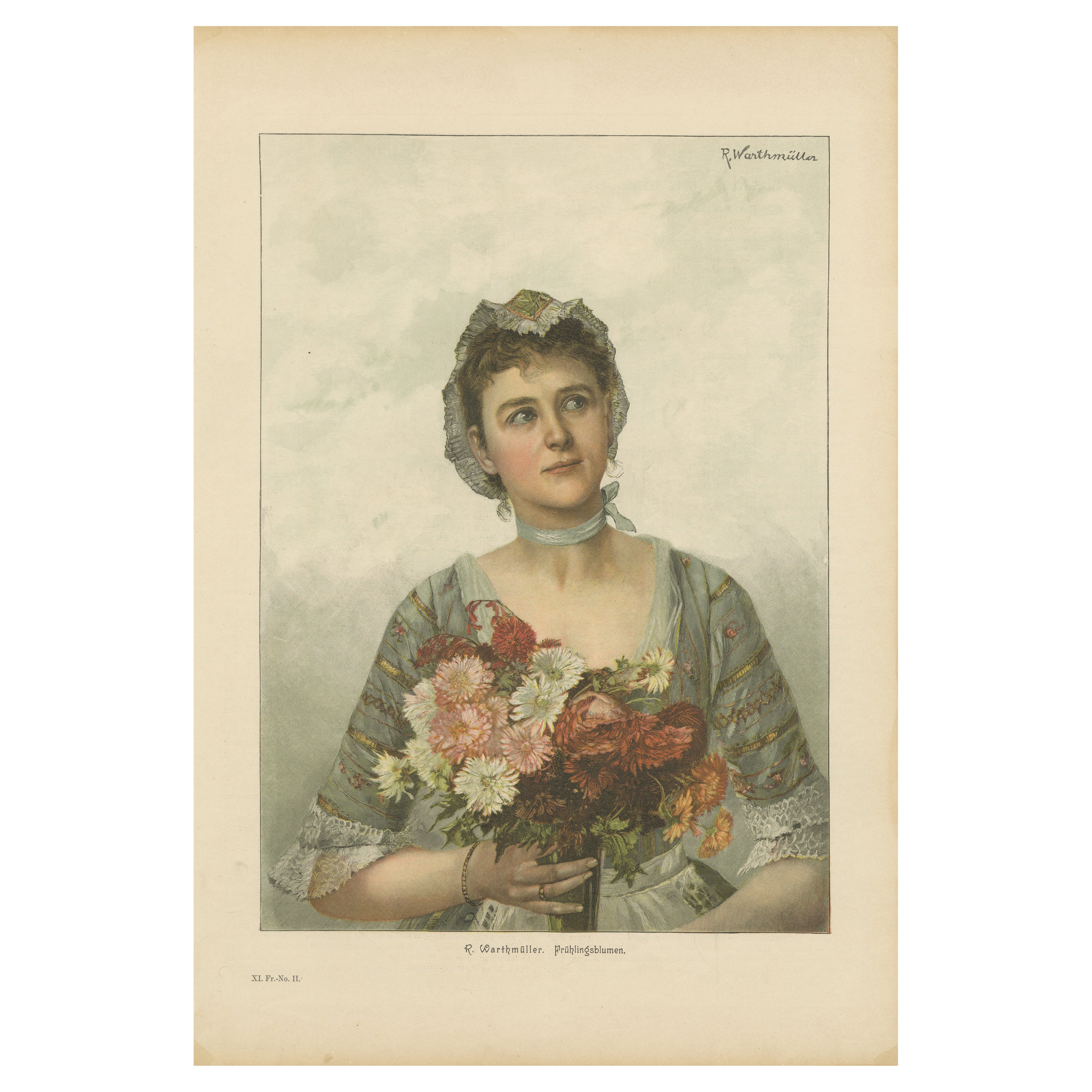 Porträt eines Blumenmädchens - Chromolithographie von Warthmüller aus dem 19. im Angebot