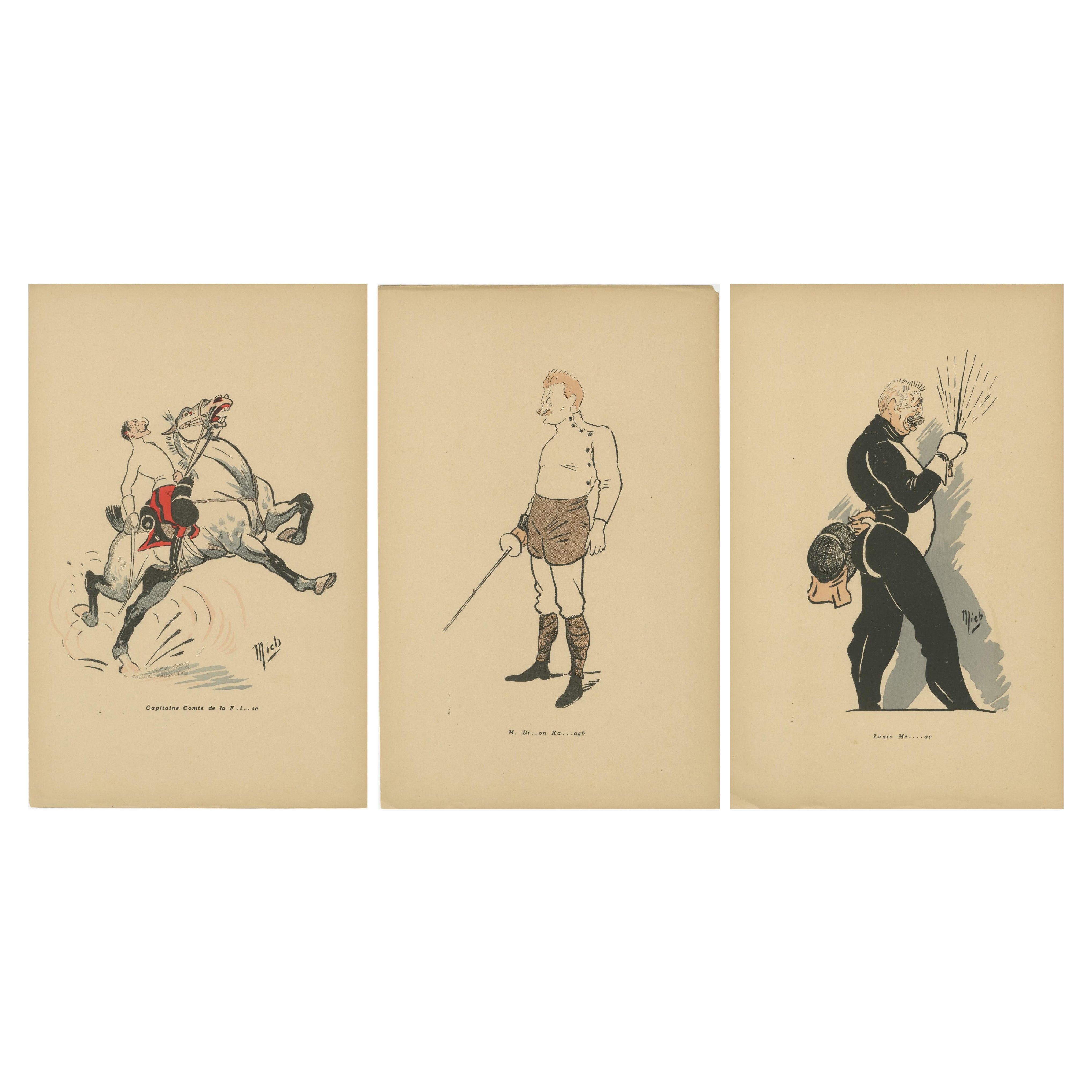 Fencing Caricatures by Mich, Paris 1907 - Silhouettes and Caricatures
