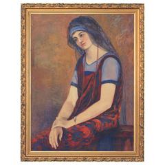 Vintage Oil Portrait of Lady in Blue Veil Attributed to Lester A. Gillette