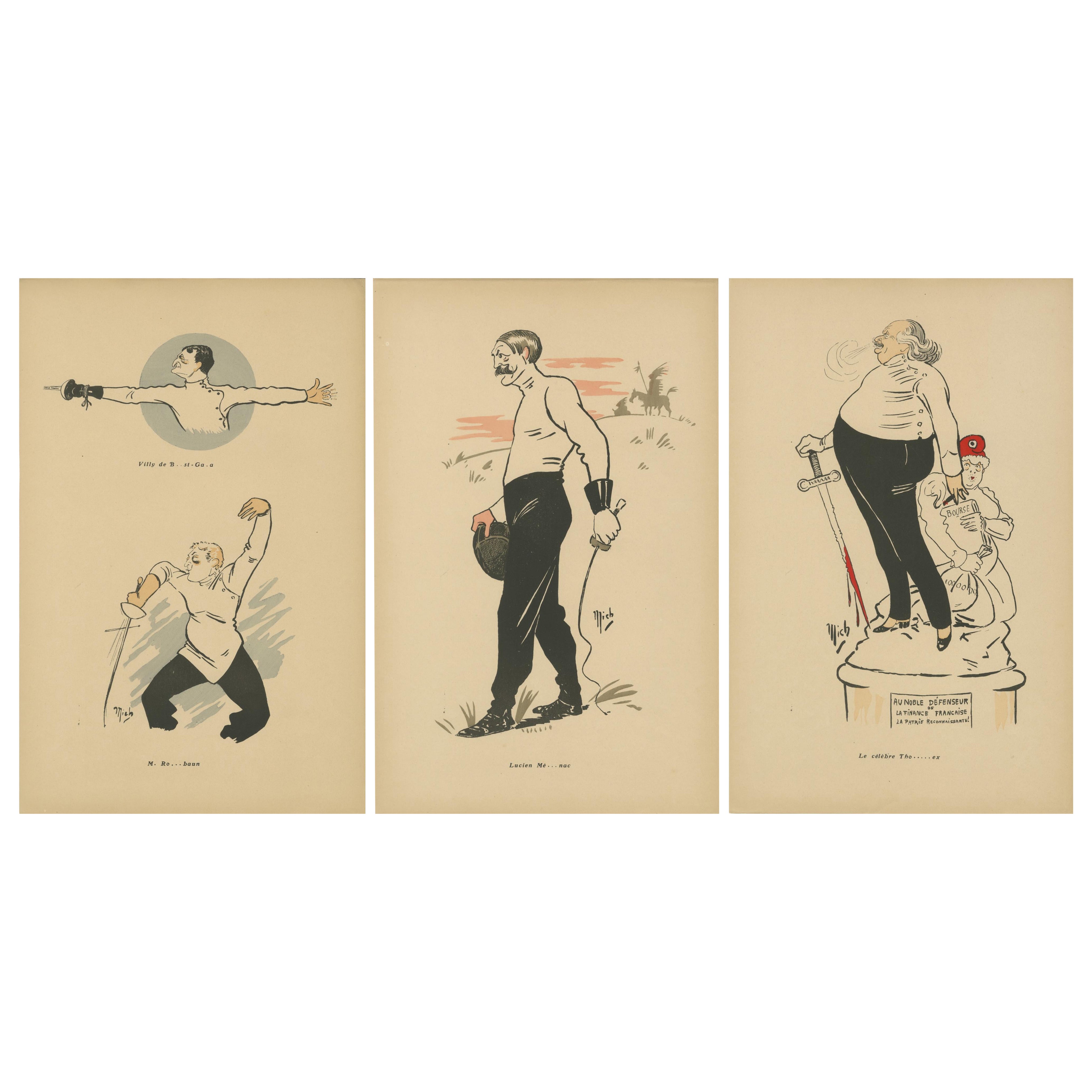 Fencing Caricatures by Mich, Paris 1907 – Expressive Belle Époque Satire