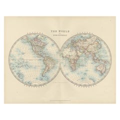 Antique World Map in Hemispheres with Delicate Pastel Coloring, 1903