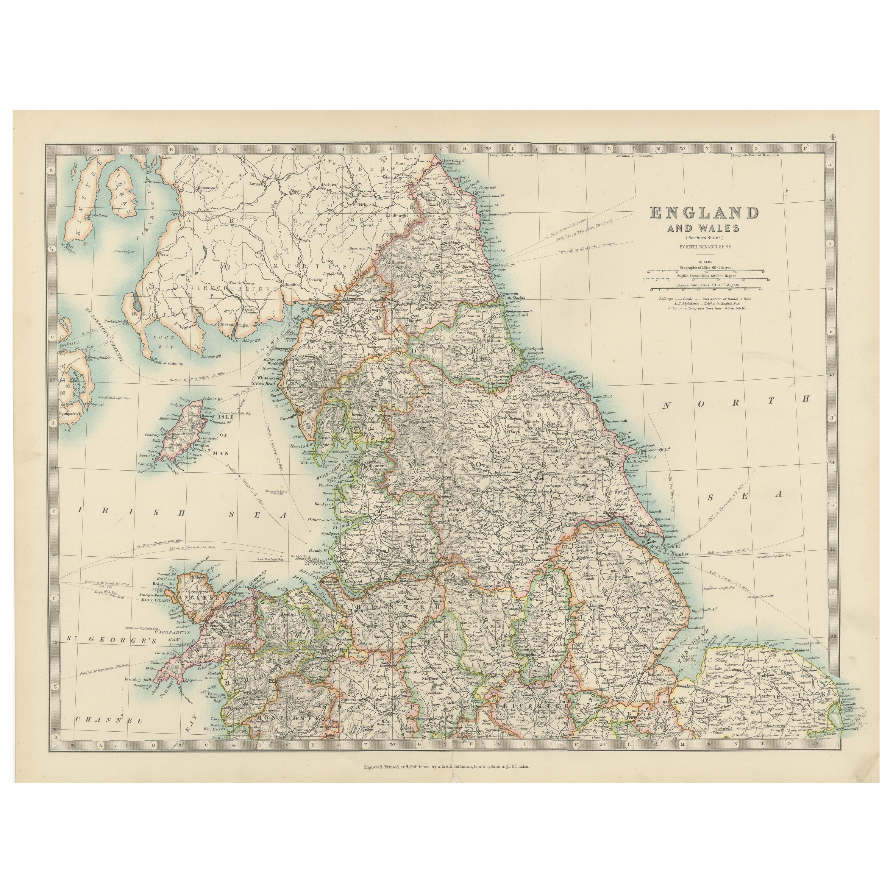 Antique Map of England and Wales, 1903, with Detailed Counties and Railways