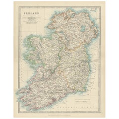 Antique Map of Ireland, 1903, with Intricate County Boundaries & Coastal Details