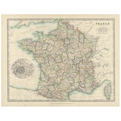 Antique Map of France, 1903, with Inset of Paris and Corsica