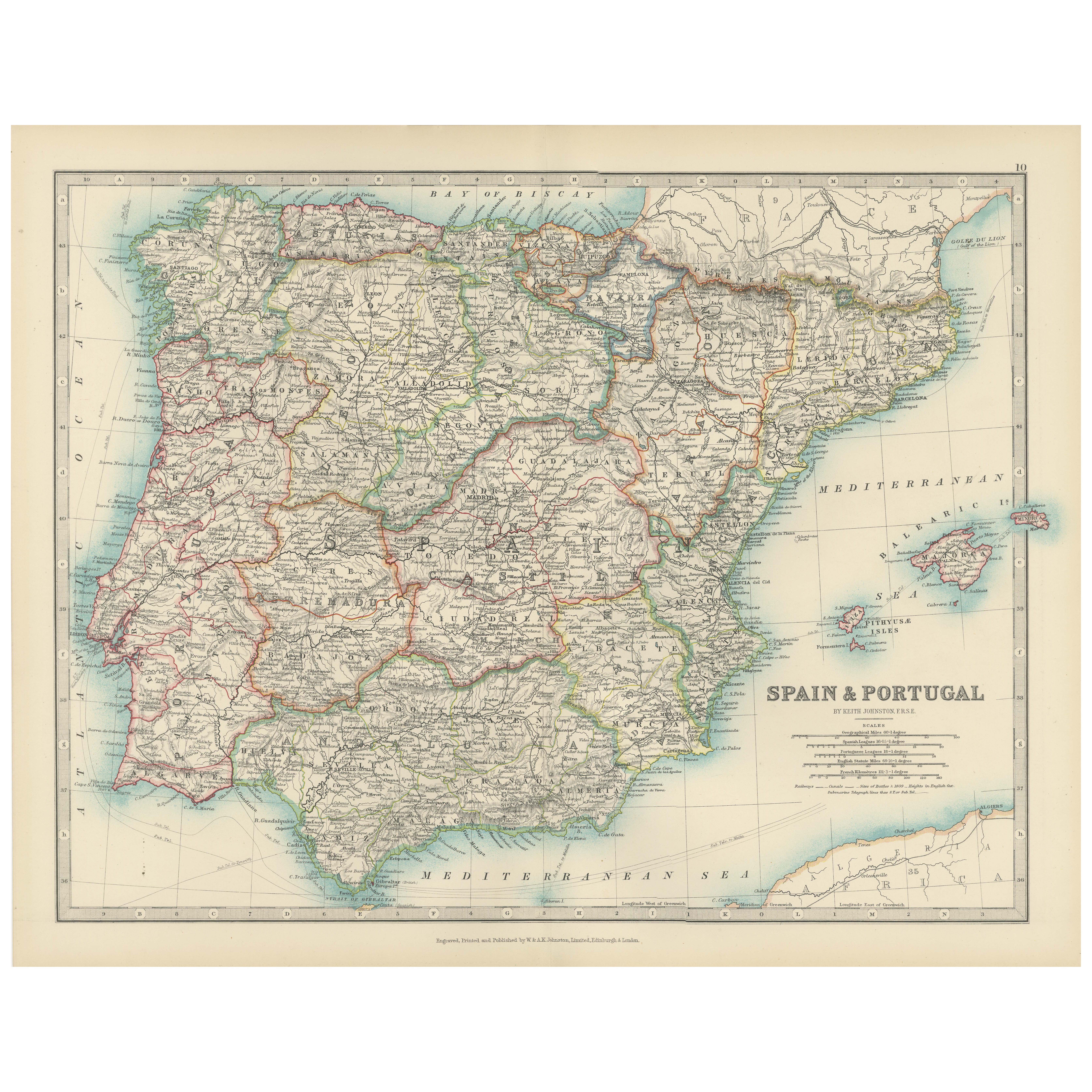 Carte ancienne de l'Espagne et du Portugal, 1903, limites régionales et détails côtiers