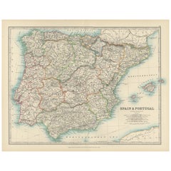 Antique Map of Spain and Portugal, 1903, Regional Boundaries and Coastal Detail