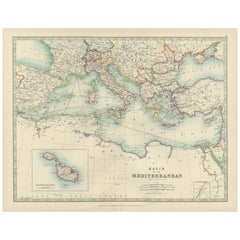 Antique Map of the Mediterranean Basin, 1903, with Detailed Coastal and Inland