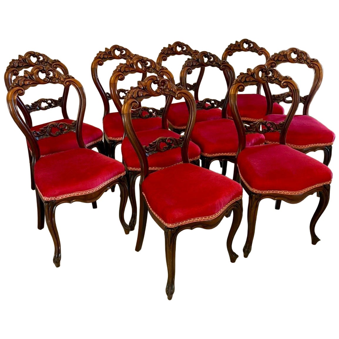 Ensemble de 10 chaises de salle à manger victoriennes anciennes en acajou sculpté de qualité exceptionnelle