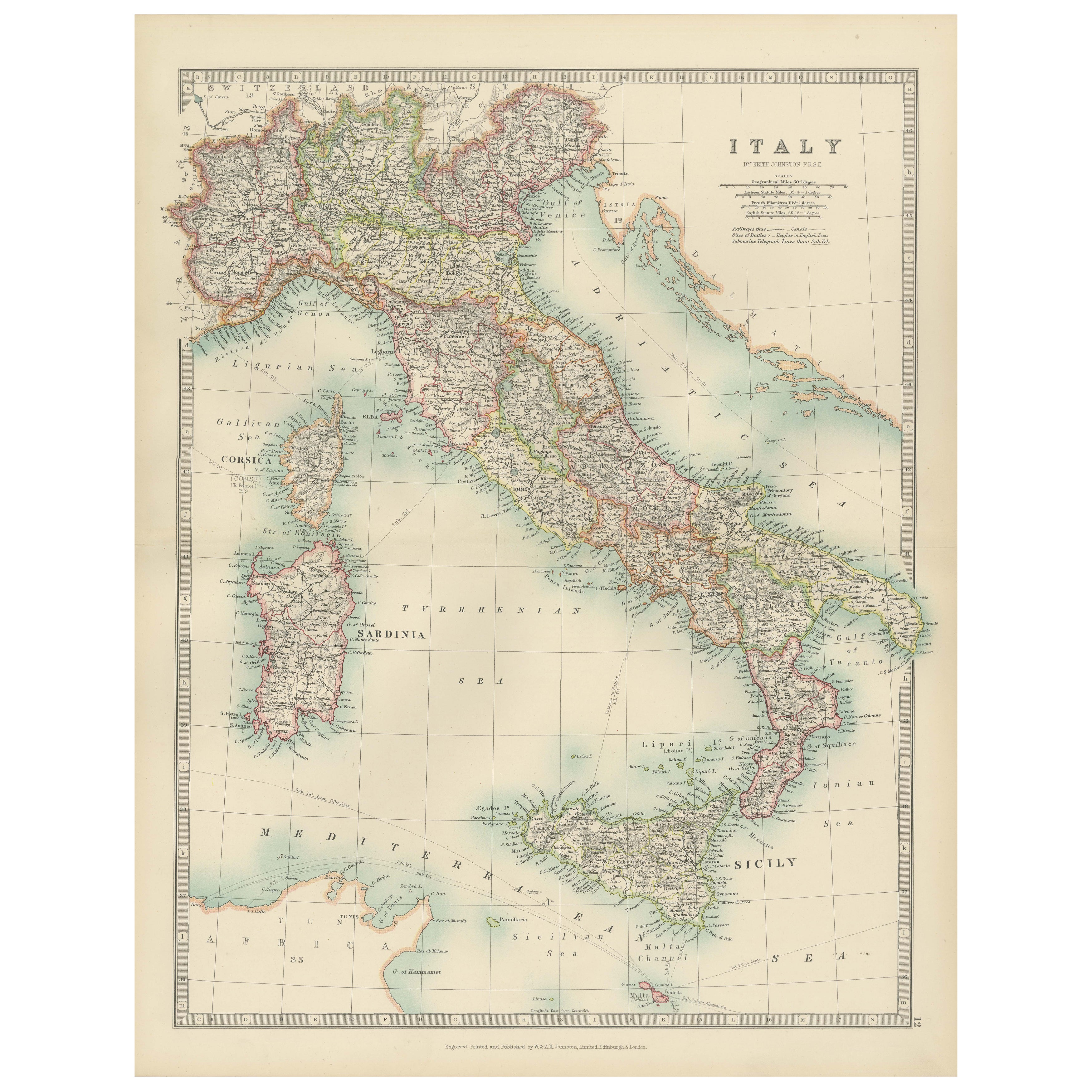 Antique Map of Italy, 1903, Featuring Islands of Sardinia and Sicily
