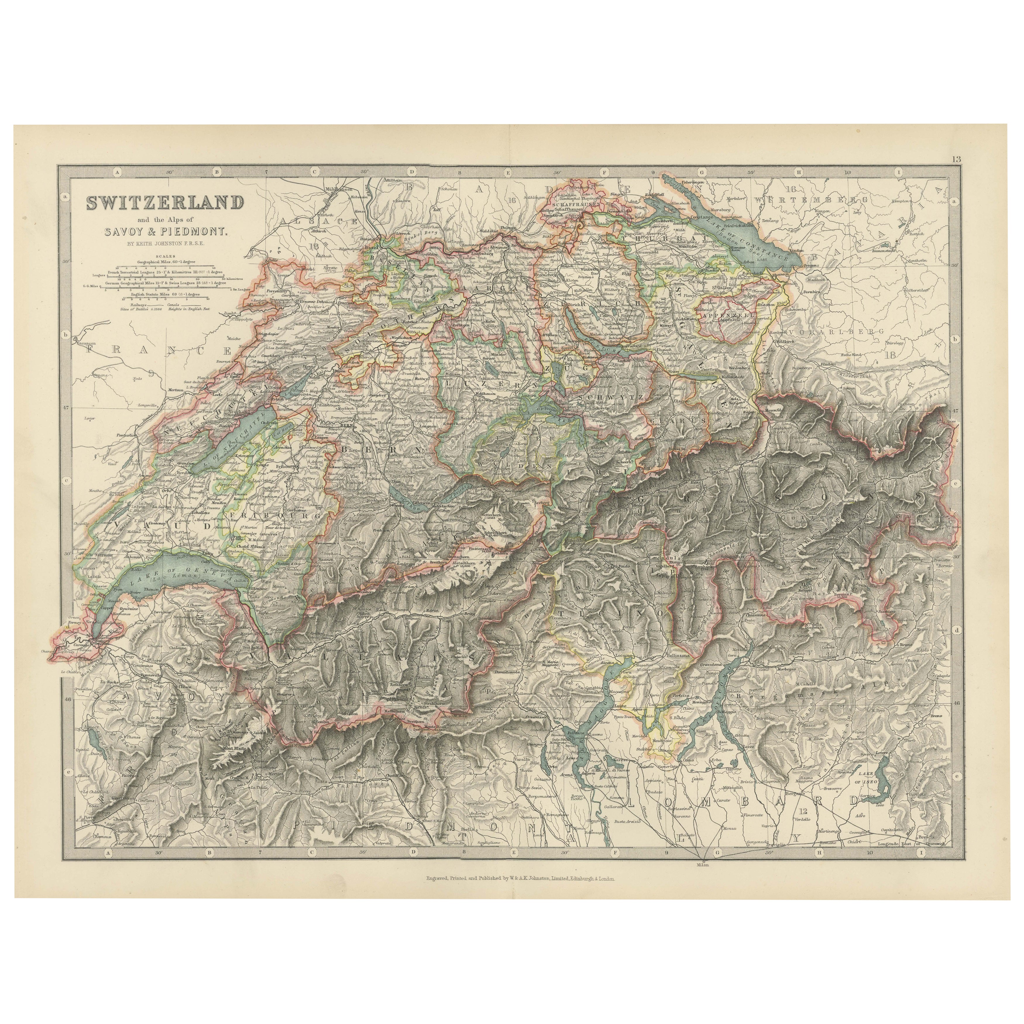 Antique Map of Switzerland and the Alps of Savoy & Piedmont, 1903 Edition