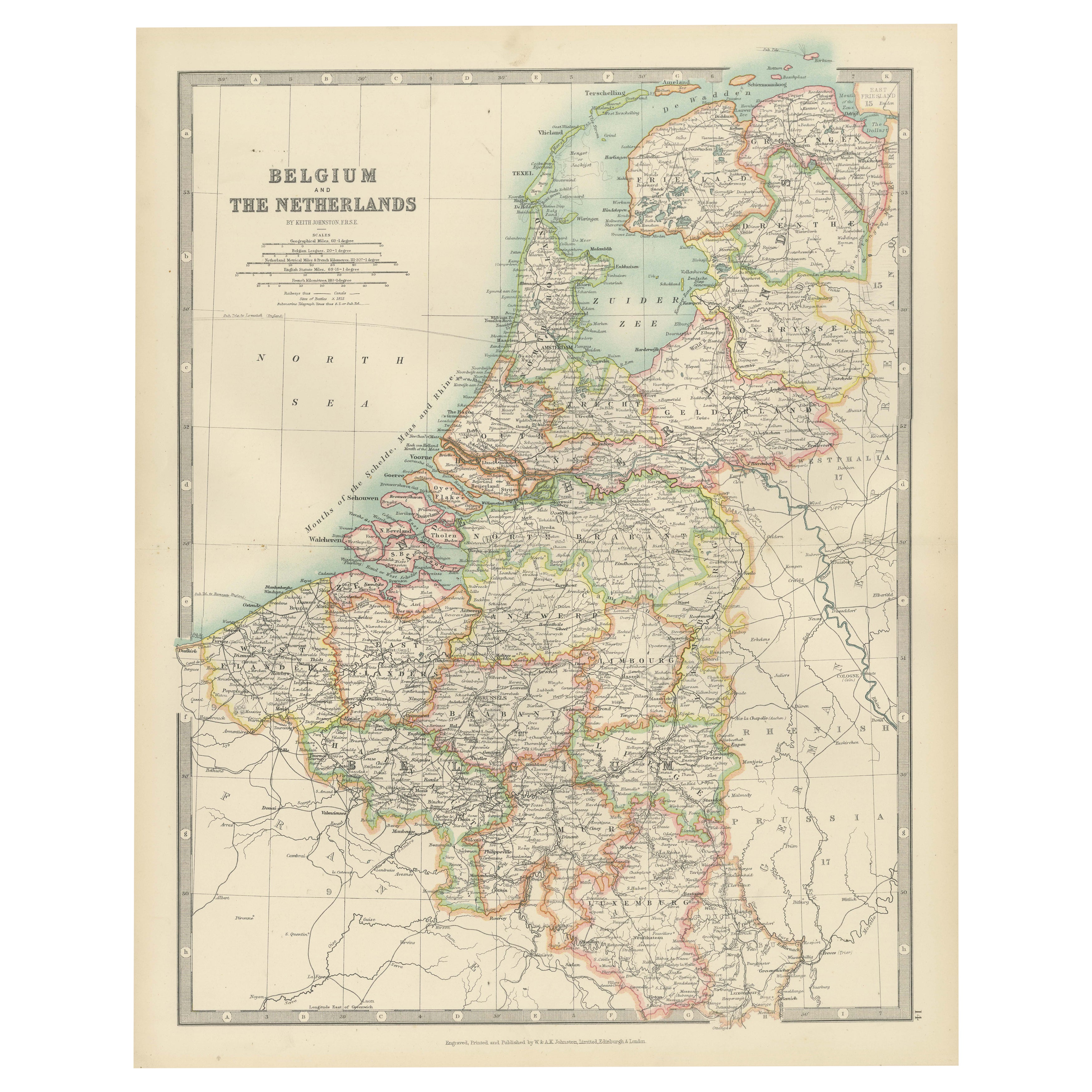 Carte ancienne de la Belgique et des Pays-Bas avec des couleurs délicates au pastel, 1903