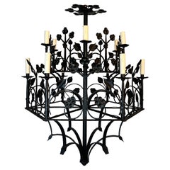 Large 12-light Wrought Iron Chandelier with Clovers and Foliage Decorations