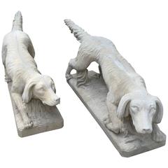 Pair of Cast Stone Dog Statues in Light Gray Sandstone Finish