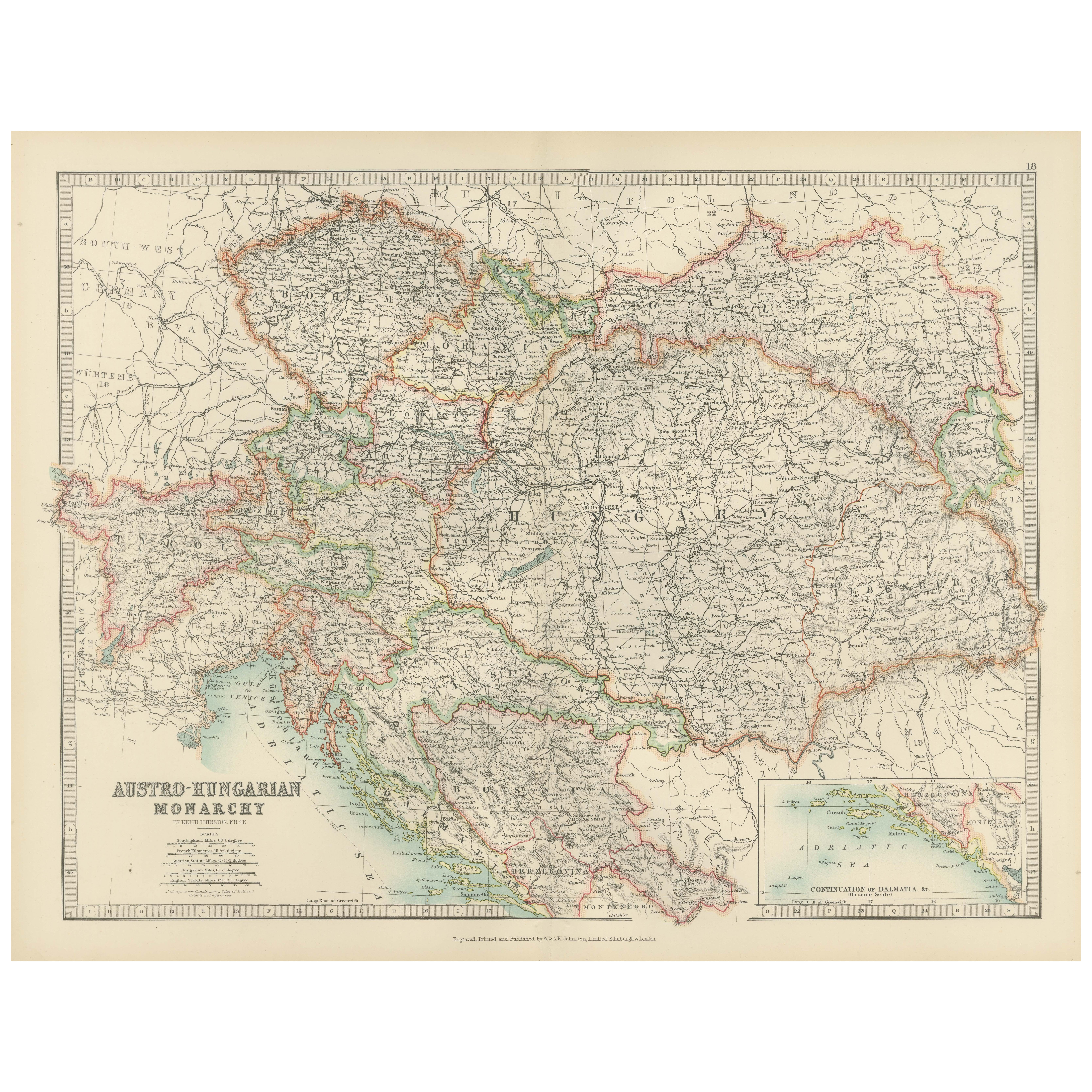 Carte ancienne de la monarchie austro-hongroise, 1903, avec des frontières colorées